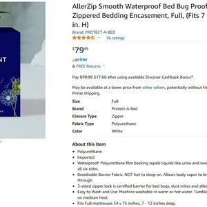 NWOT Protect A Bed AllerZip SMOOTH Waterproof Bed Bug Proof Zippered Bed Encasem
